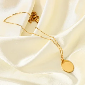 14K Gold Oval Pendant Necklace Engraved Cross Necklace