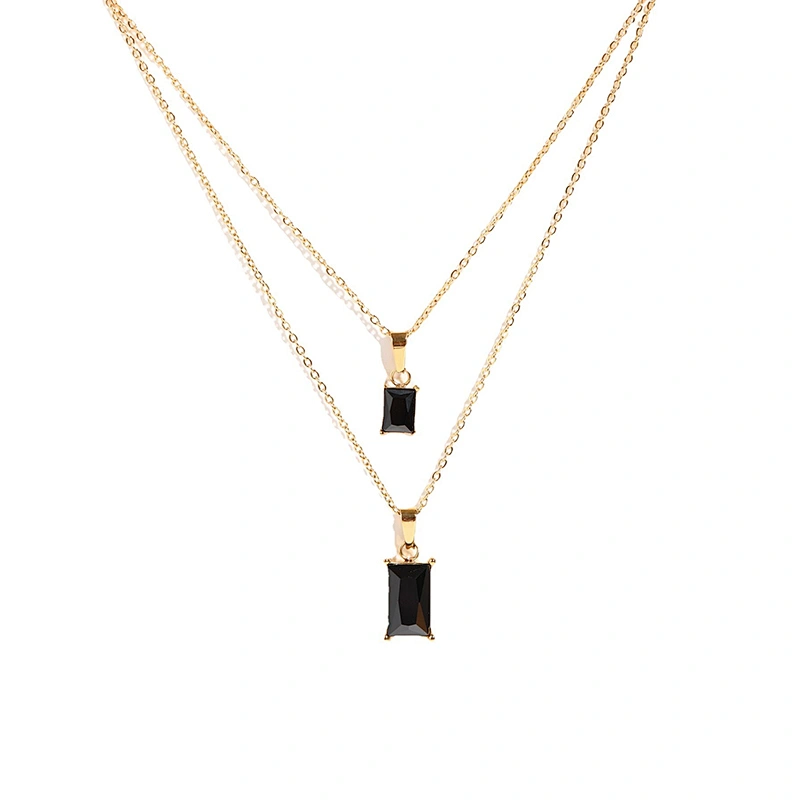 Double Layered Rectangle Jet Diamond Charm Necklace Wholesale