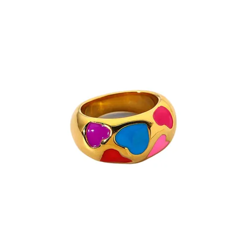 Gold Plated Heart Enamel Ring Stainless Steel Color Ring Women