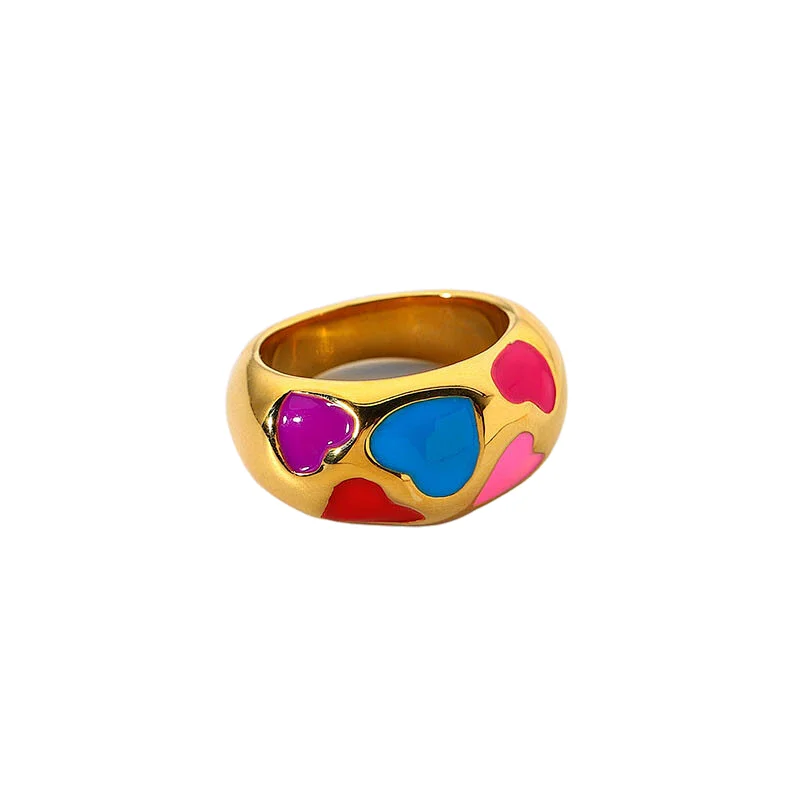 Gold Plated Heart Enamel Ring Stainless Steel Color Ring Women
