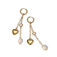 Gold Tassel Heart Freshwater Pearl Zircon Drop Earrings