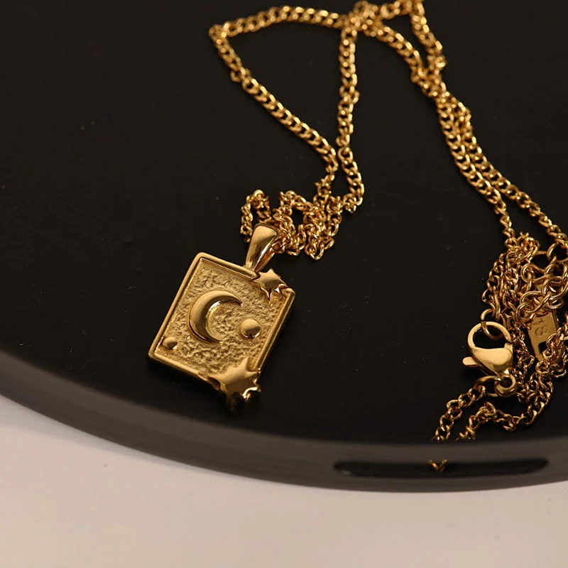 3D Moon Star Rectangle Stainless Steel Pendant Necklace