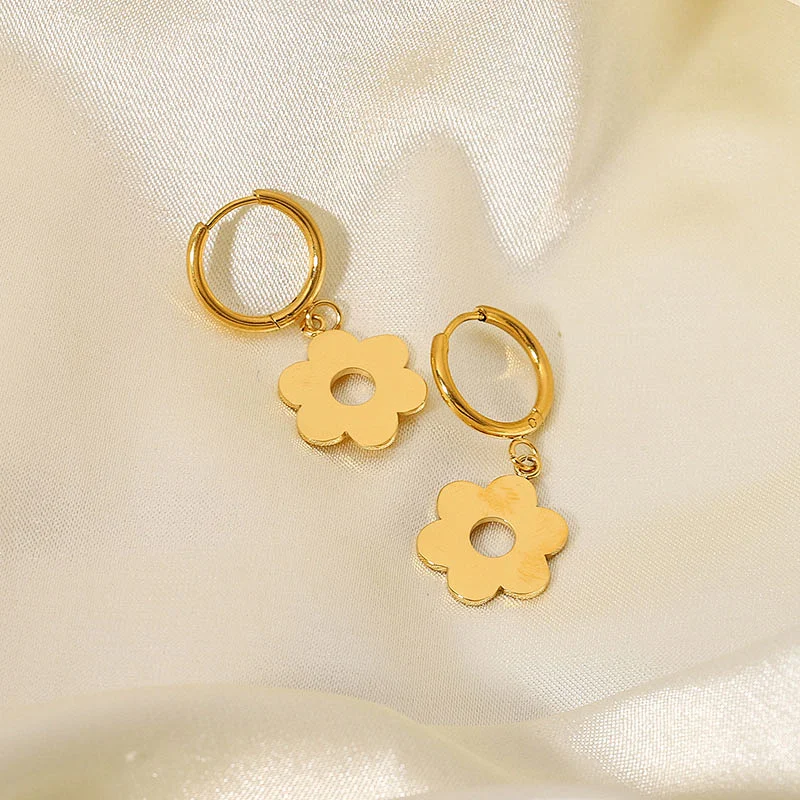Vintage 18K Gold Plated Stainless Steel Flower Drop Earrings