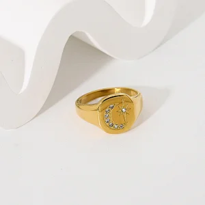 Gold Engraved Star Moon Stainless Steel Metal Ring