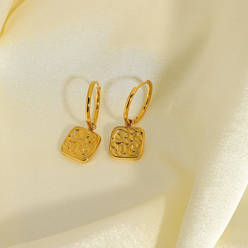18K Gold Plated Earrings Rectangular Embossed Drop Earrings