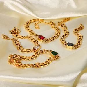 Stainless Steel Emerald Cut Zirconia Cuban Chain Bracelet