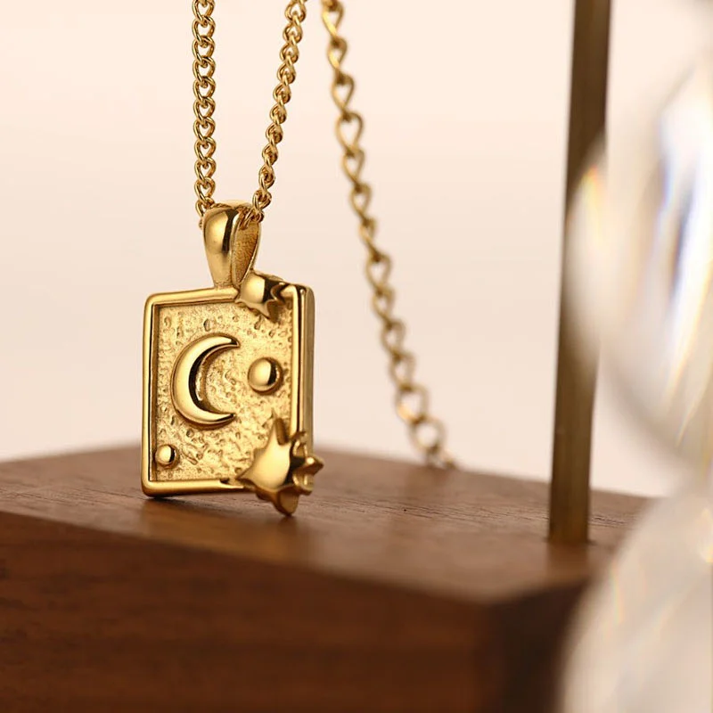 3D Moon Star Rectangle Stainless Steel Pendant Necklace