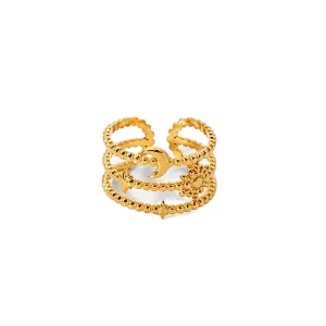 Three-Tier Star And Moon 18K Gold Plated Steel Ring