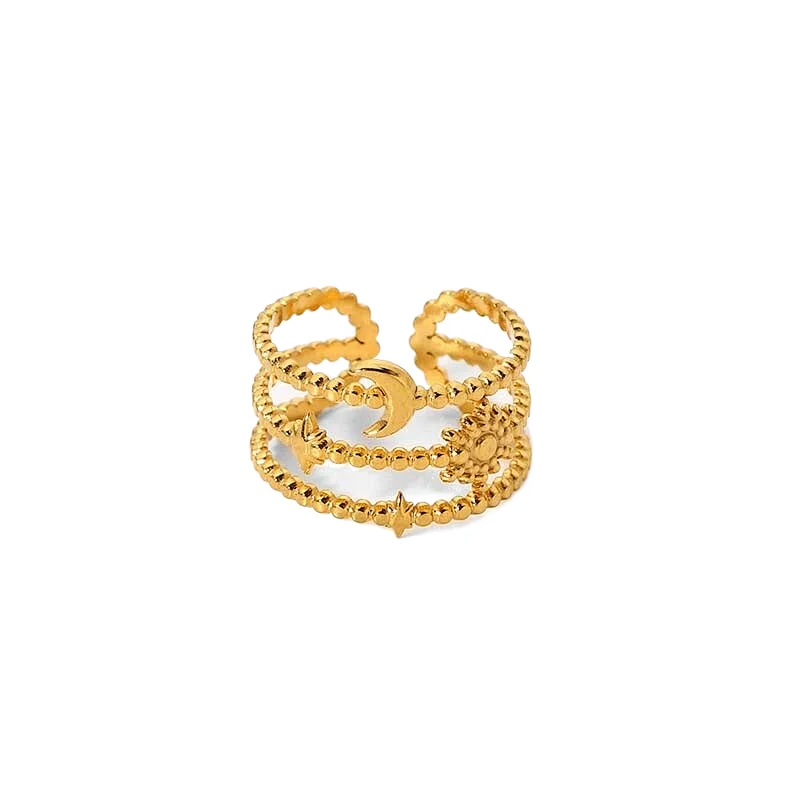 Three-Tier Star And Moon 18K Gold Plated Steel Ring