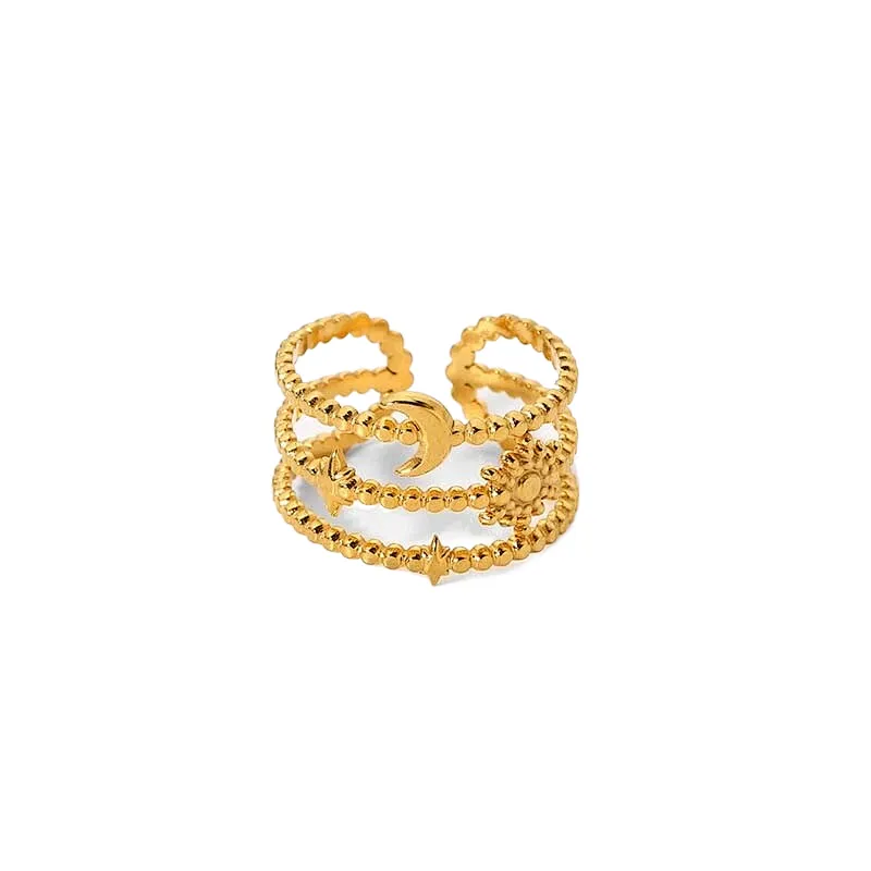 Three-Tier Star And Moon 18K Gold Plated Steel Ring