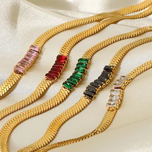 Stainless Steel Multicolor Rectangular Zircon Women Necklace