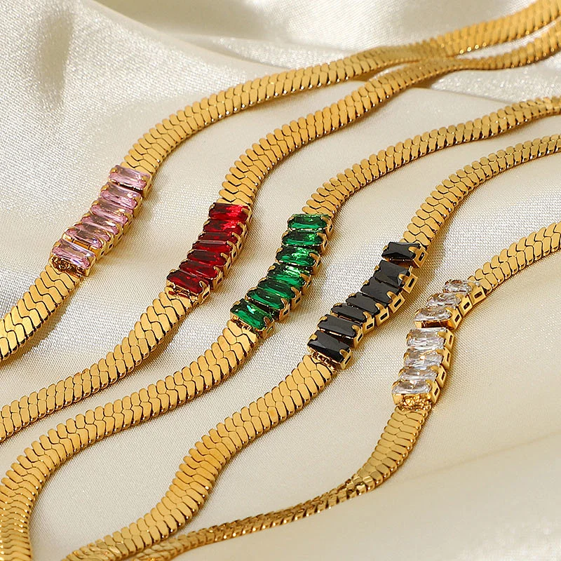 Stainless Steel Multicolor Rectangular Zircon Women Necklace