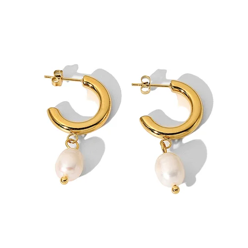 Stainless Steel C Shape Pearl Pendant 18K Gold Earrings Women