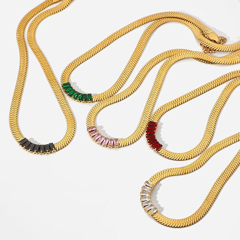 Stainless Steel Multicolor Rectangular Zircon Women Necklace