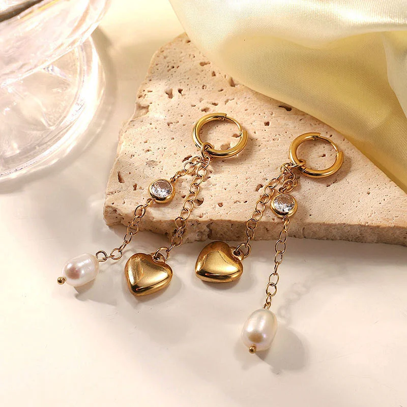 Gold Tassel Heart Freshwater Pearl Zircon Drop Earrings