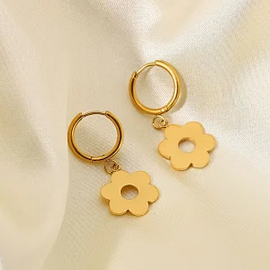 Vintage 18K Gold Plated Stainless Steel Flower Drop Earrings