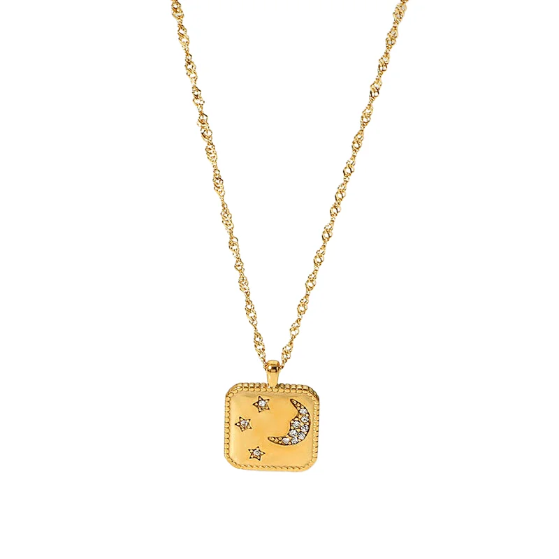Moon Star Square Zircon Pendant Chain Necklace