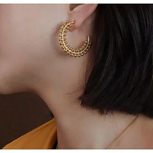 Fashion 18K Gold Steel Ball C Shape Stud Earrings