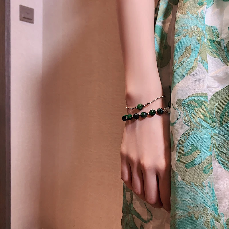 Simple Layered Chain Bracelet Green Natural Stone Bracelet