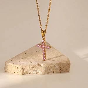 Popular Steel Pink Zircon Cross Pendant Necklace Women