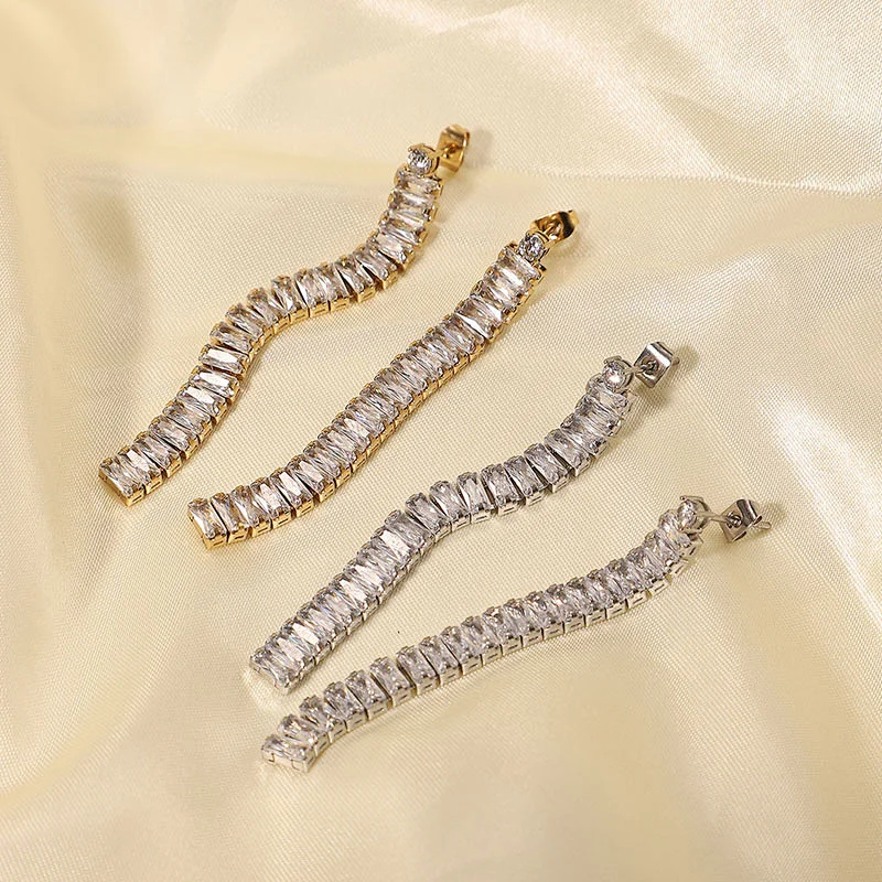 New Steel Gold Long Zirconia Drop Tassel Earrings