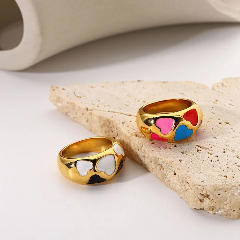 Gold Plated Heart Enamel Ring Stainless Steel Color Ring Women
