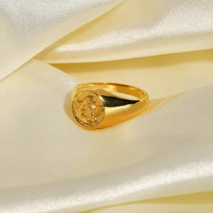Vintage Steel Ring 18k Gold Plated Engraved Women's Ring