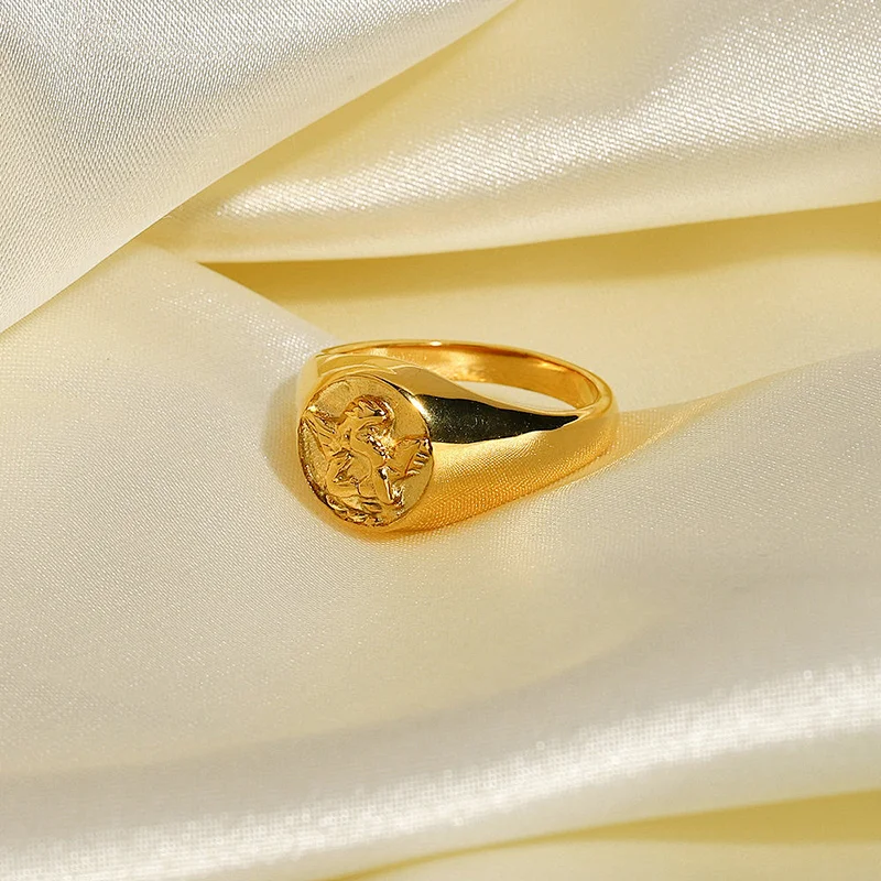 Vintage Steel Ring 18k Gold Plated Engraved Women's Ring