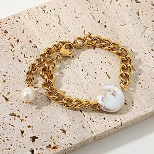 Retro Baroque Freshwater Pearl Bracelet Cuban Chain Bracelet