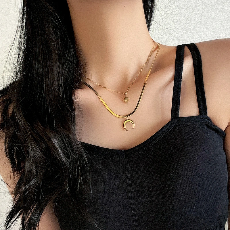 Moon Eight Awn Star Charm Layered Flat Snake Chain Necklace
