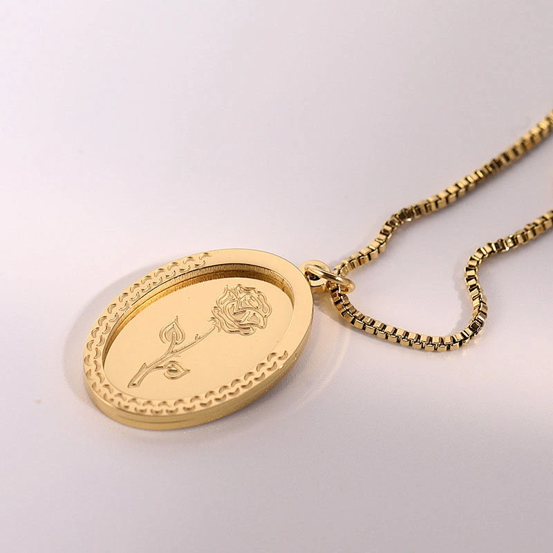 Carving Rose Flower Oval Pendant Necklace