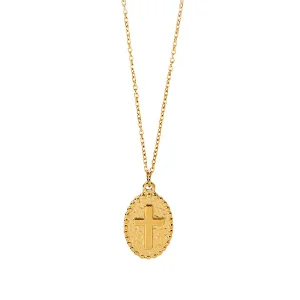 14K Gold Oval Pendant Necklace Engraved Cross Necklace