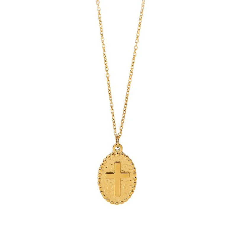 14K Gold Oval Pendant Necklace Engraved Cross Necklace