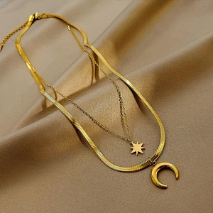 Moon Eight Awn Star Charm Layered Flat Snake Chain Necklace