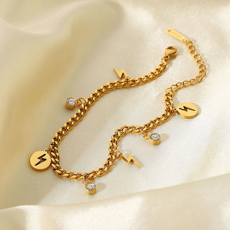 Pvd Gold Plating Lightning Pendant Steel Curb Chain Bracelet