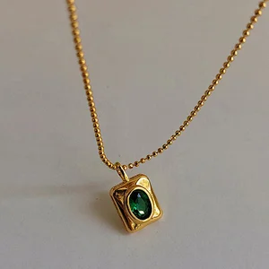 Square Green Crystal Pendant Stainless Steel Necklace Factory