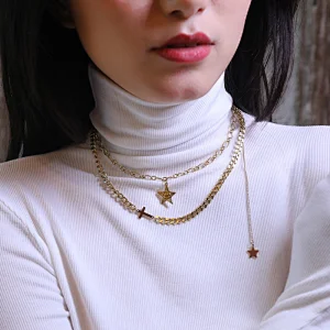 Layered Stainless Steel Star and Cross Pendant Necklace