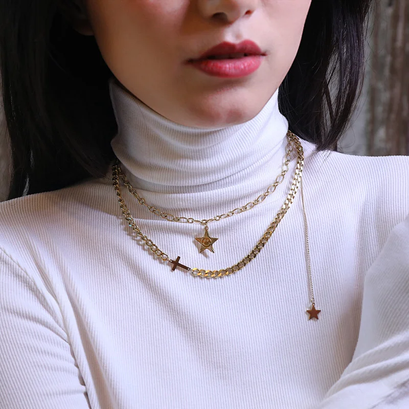 Layered Stainless Steel Star and Cross Pendant Necklace