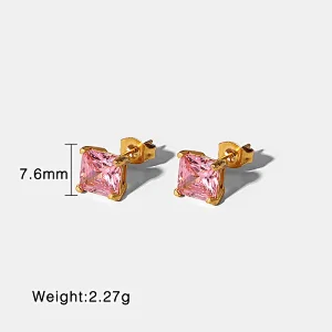 Simple 18K Green Square Zircon Stud Earrings for Women