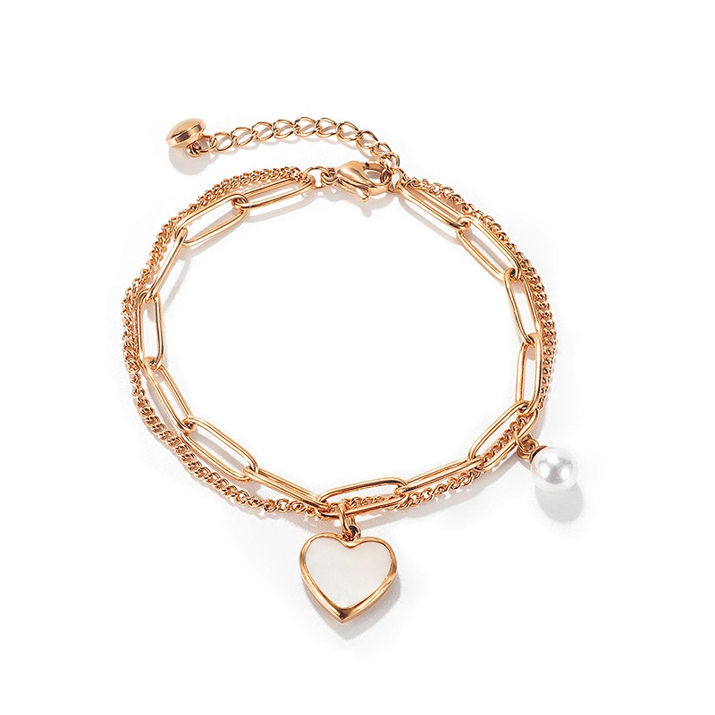 Double Layer Patchwork Chain Heart-Shaped Shell Bracelet