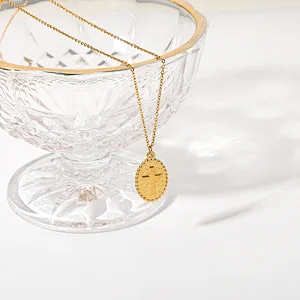 14K Gold Oval Pendant Necklace Engraved Cross Necklace