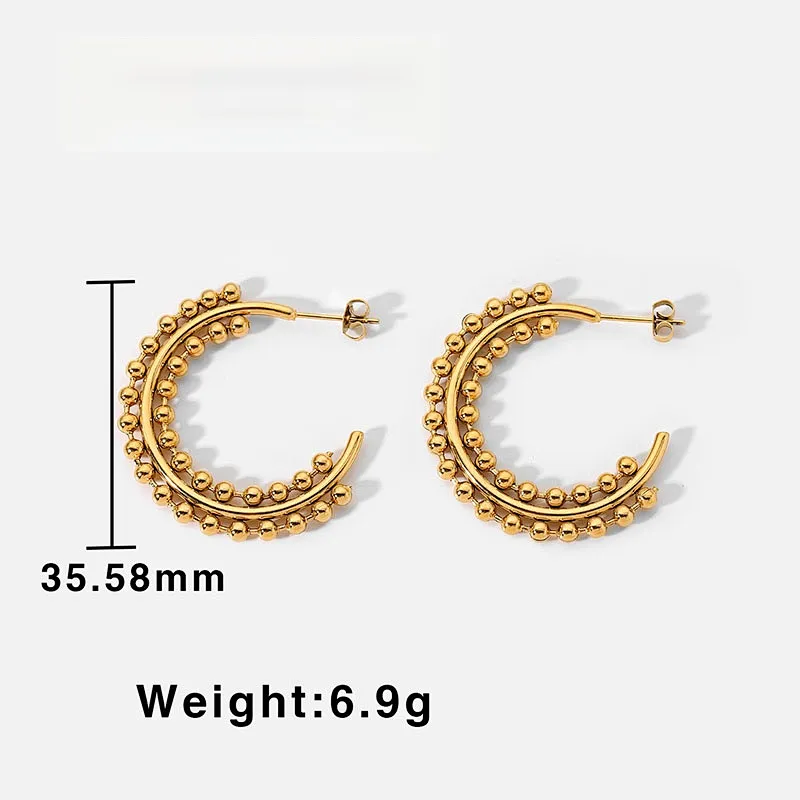 Fashion 18K Gold Steel Ball C Shape Stud Earrings