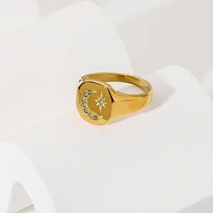 Gold Engraved Star Moon Stainless Steel Metal Ring