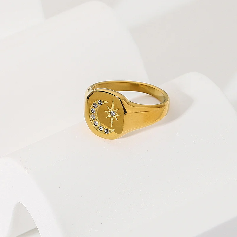Gold Engraved Star Moon Stainless Steel Metal Ring