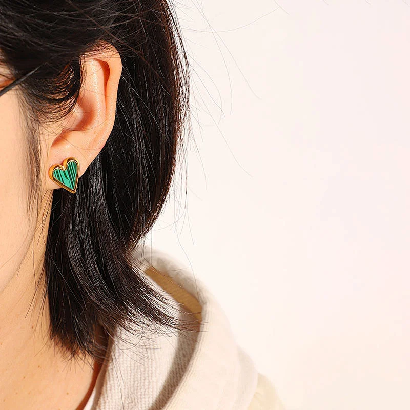 Natural Stone Stud Earrings Fashion Stainless Steel Heart Earrings