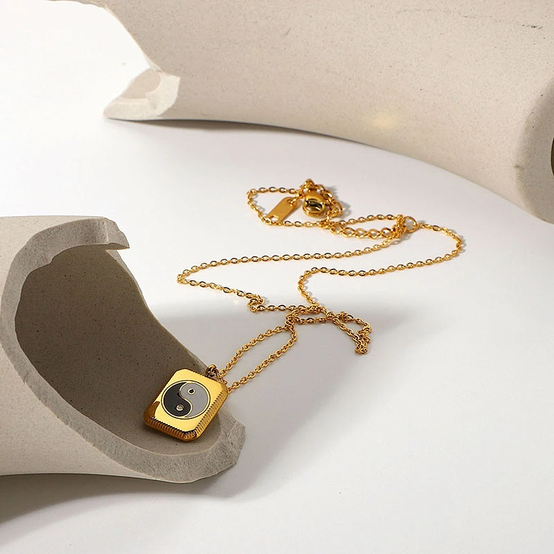 Enamel Chinese Tai Chi Square Pendant Steel Necklace