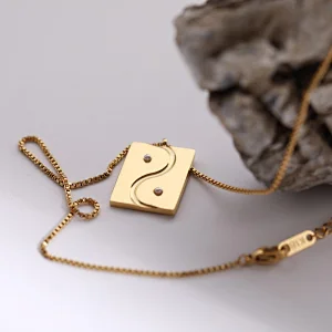 simple Stainless steel rectangle Yin and Yang charm necklace