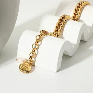 Gold Plated Steel Charm Bracelet Freshwater Pearl Bracelet