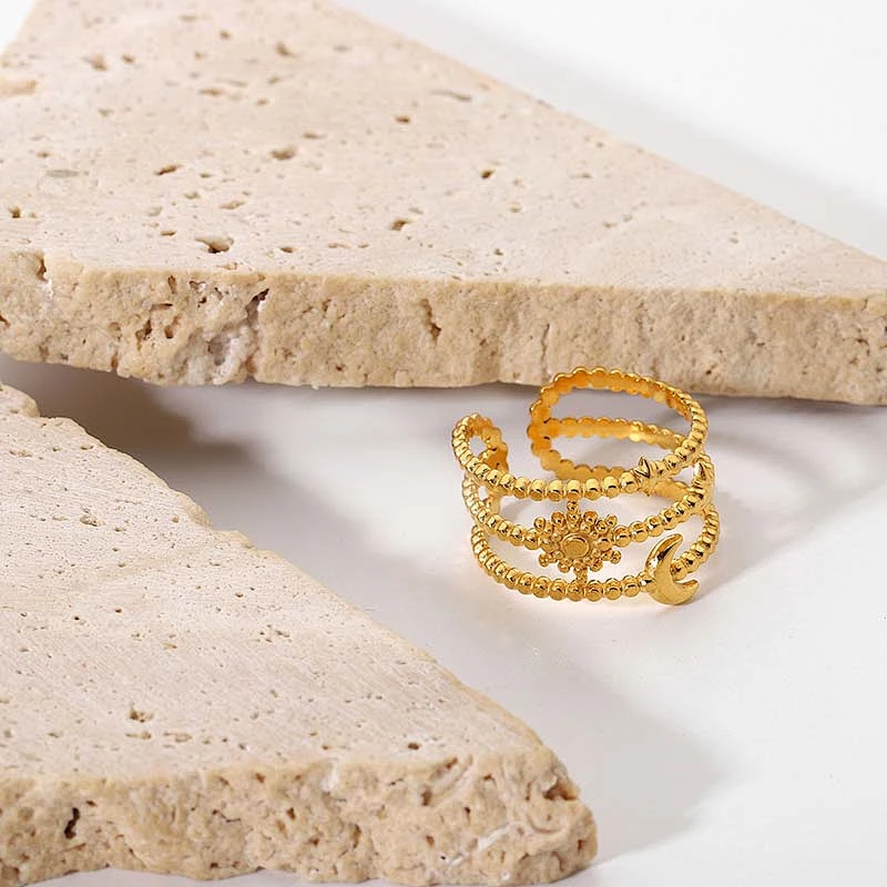 Three-Tier Star And Moon 18K Gold Plated Steel Ring