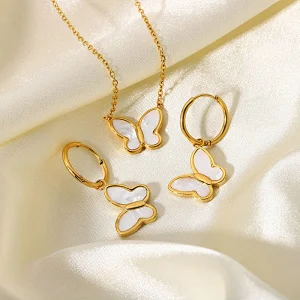 18K Gold Natural Shell Butterfly Pendant Earrings For Women